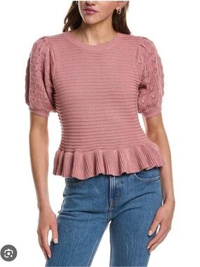 NWT 525 America Whitney Knit Dusty Rose Ribbed Peplum Puff-Sleeve Top